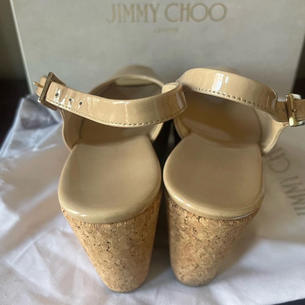 Jimmy Choo Praise Nude Patent Cork Wedge Heel Slingback Pumps Sz 7.5 box… - Picture 6 of 8